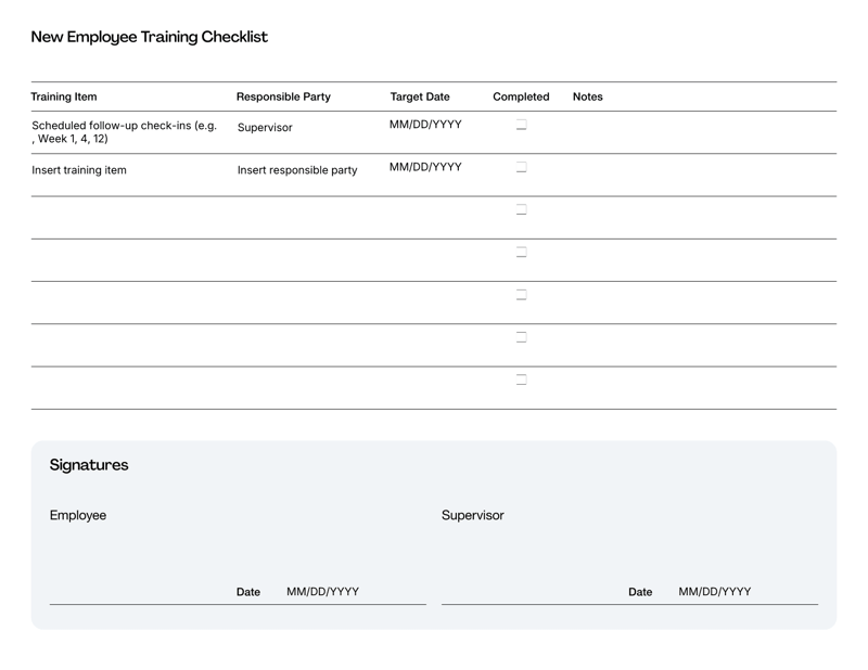 New Employee Training Checklist with pre-boarding, orientation tasks, technology setup, role training and check-in schedule