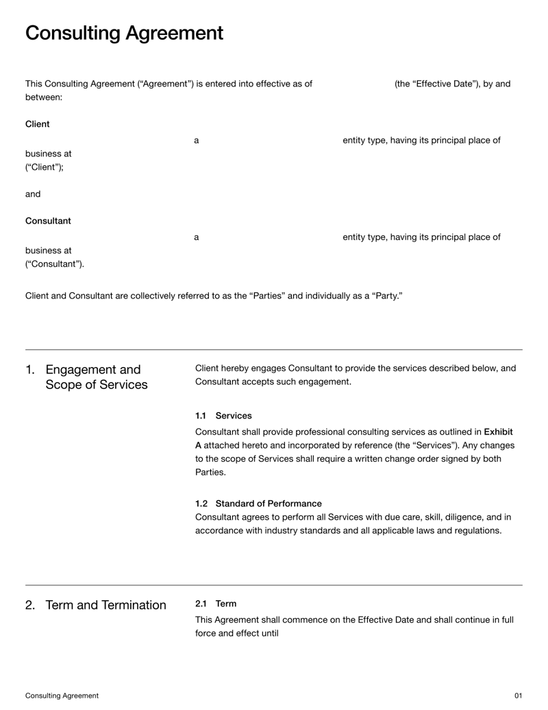 Consulting Contract Template for documenting scope, payments and legal terms between client and consultant