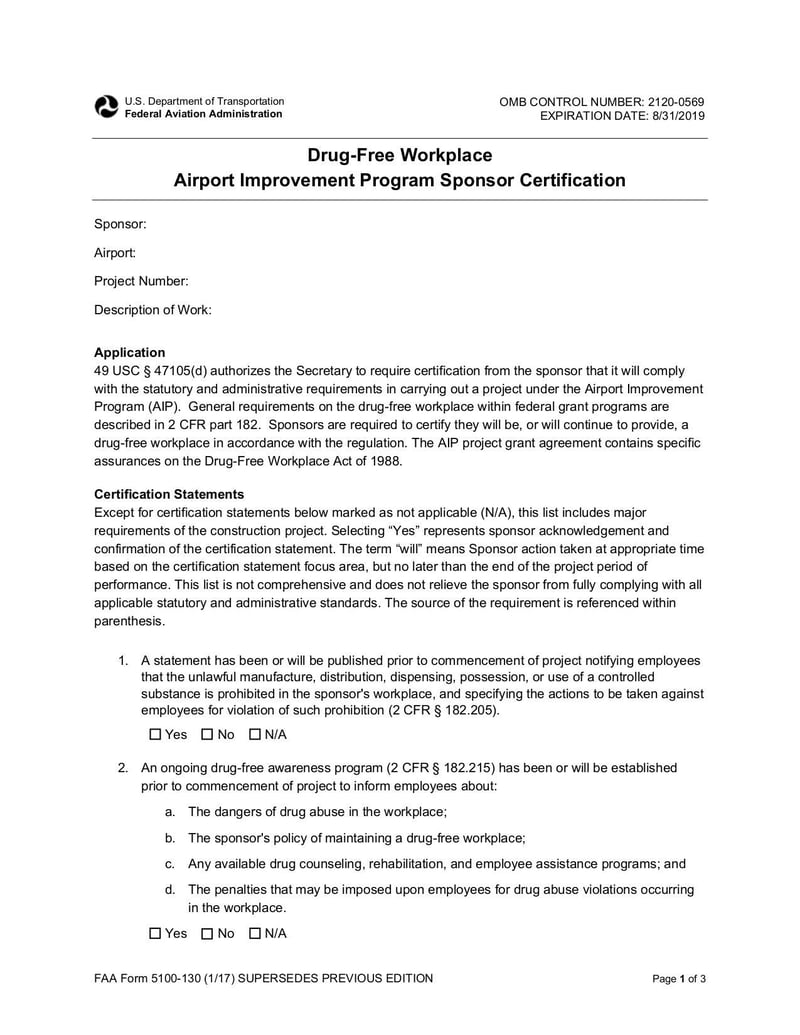 Large thumbnail of FAA Form 5100-130 Sponsor Certification Drug Free - Jan 2017