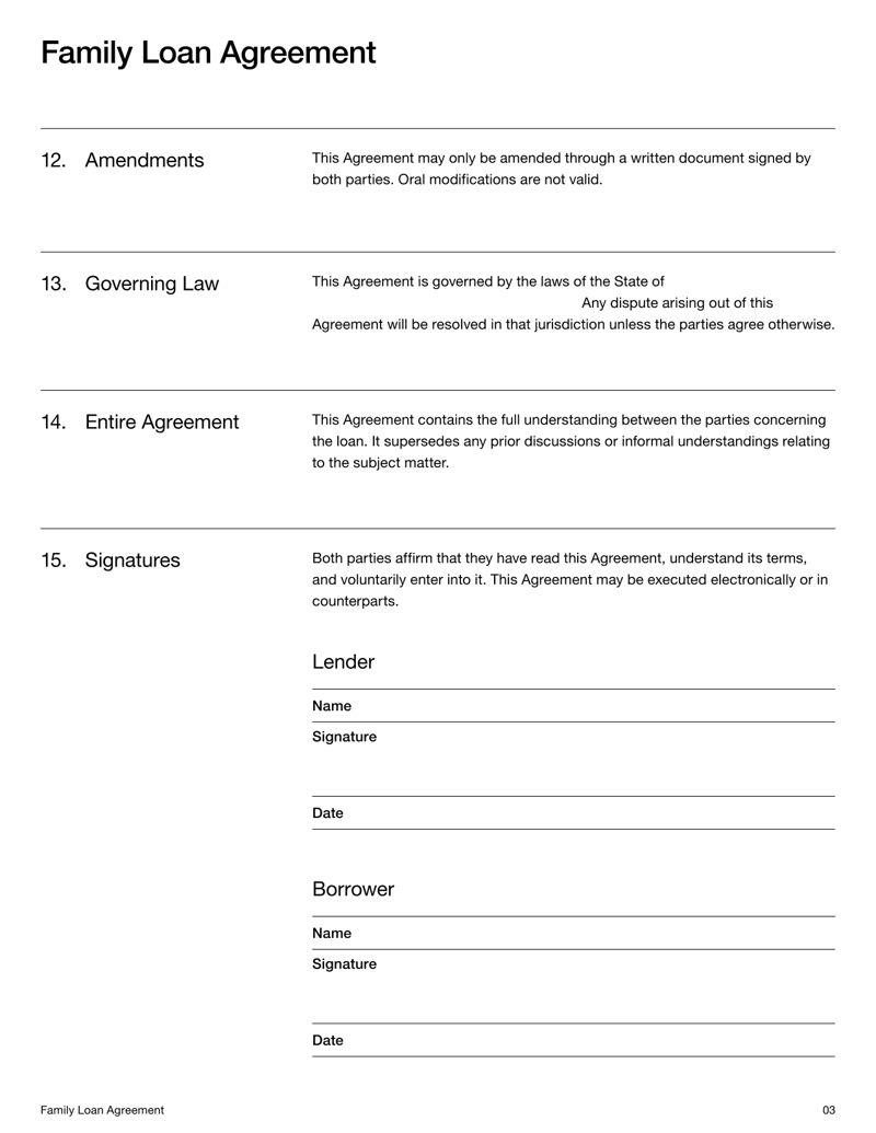 Family Loan Agreement defining loan terms, repayment schedule, interest, and obligations between family members under US law