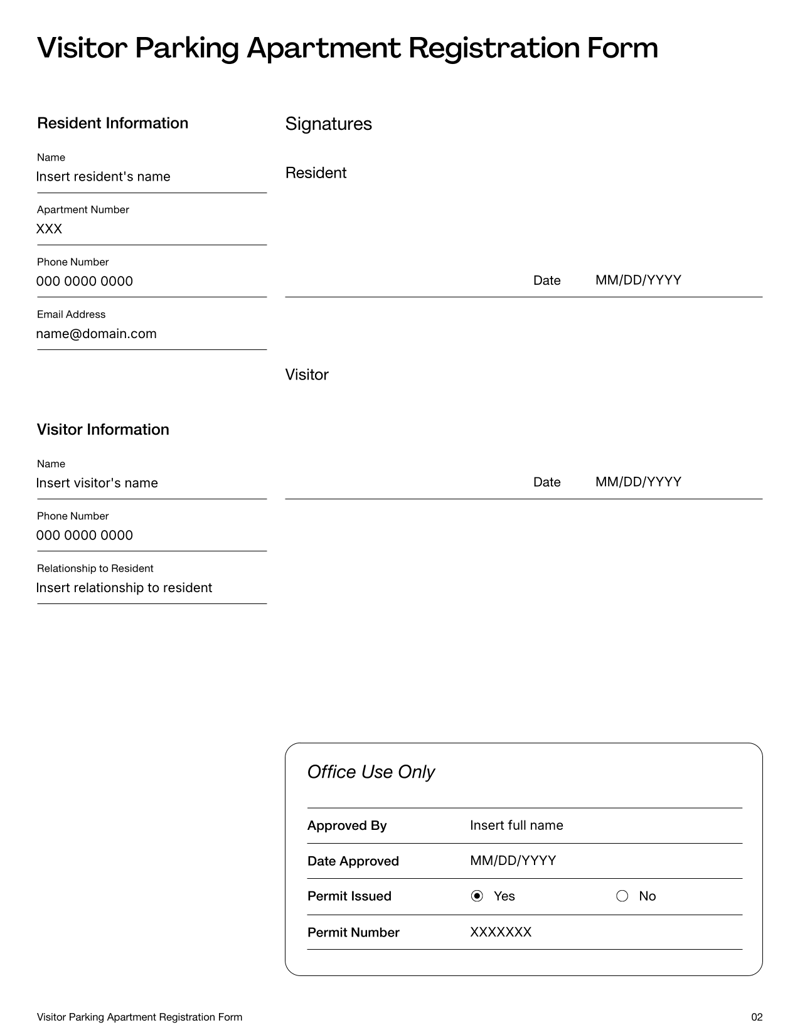 Visitor Parking Apartment Registration Form for guest vehicle access and parking approval