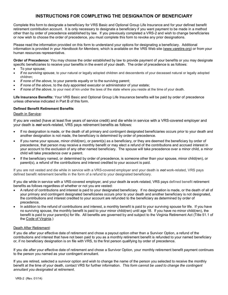 Large thumbnail of Designation of Beneficiary (VRS-2) - Jan 2014