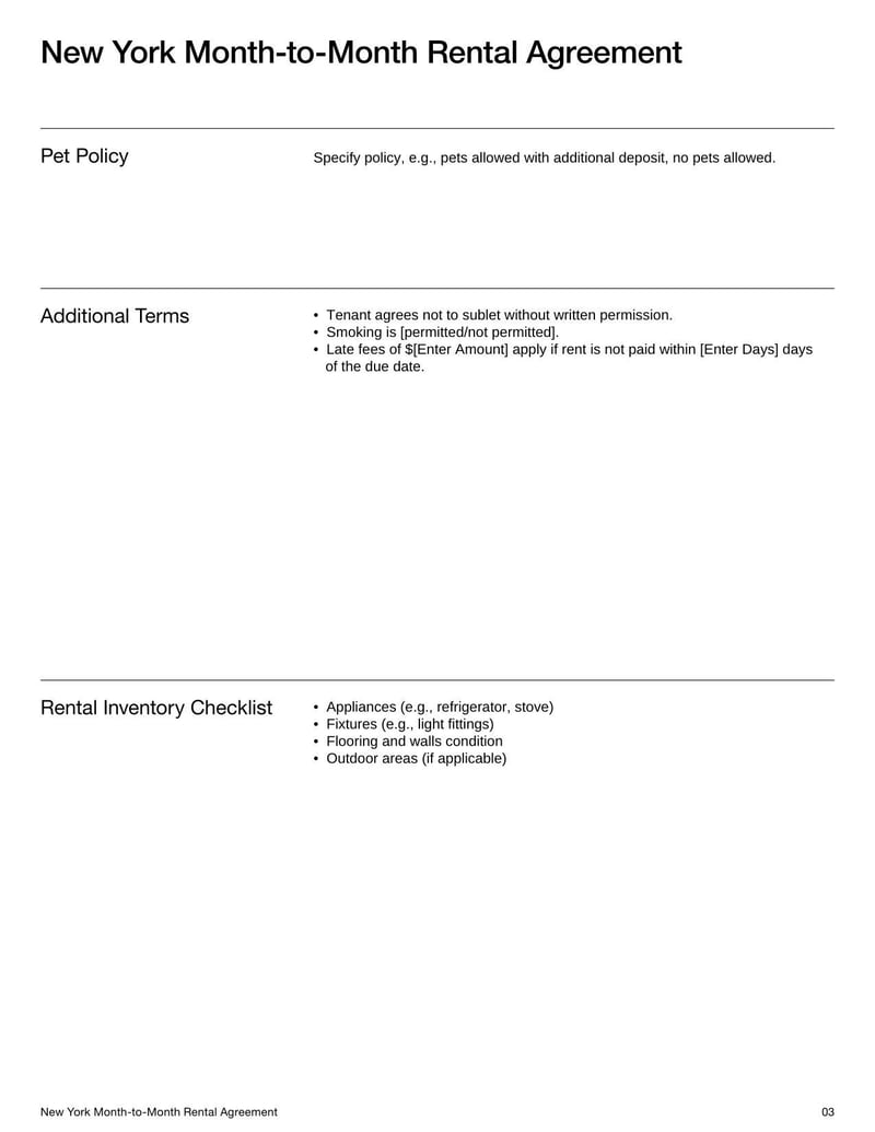 New York Month-to-Month Rental Agreement for outlining flexible lease terms, rent payments, security deposits, and termination procedures