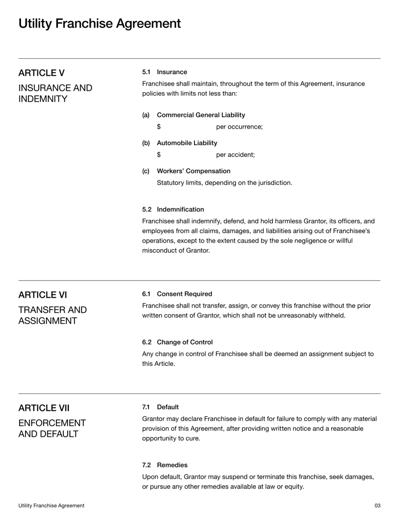 Utility Franchise Agreement detailing grantor–franchisee rights, franchise fees, service standards and dispute resolution