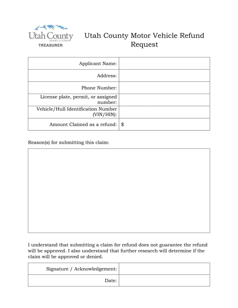 Large thumbnail of Utah County Motor Vehicle Refund Request