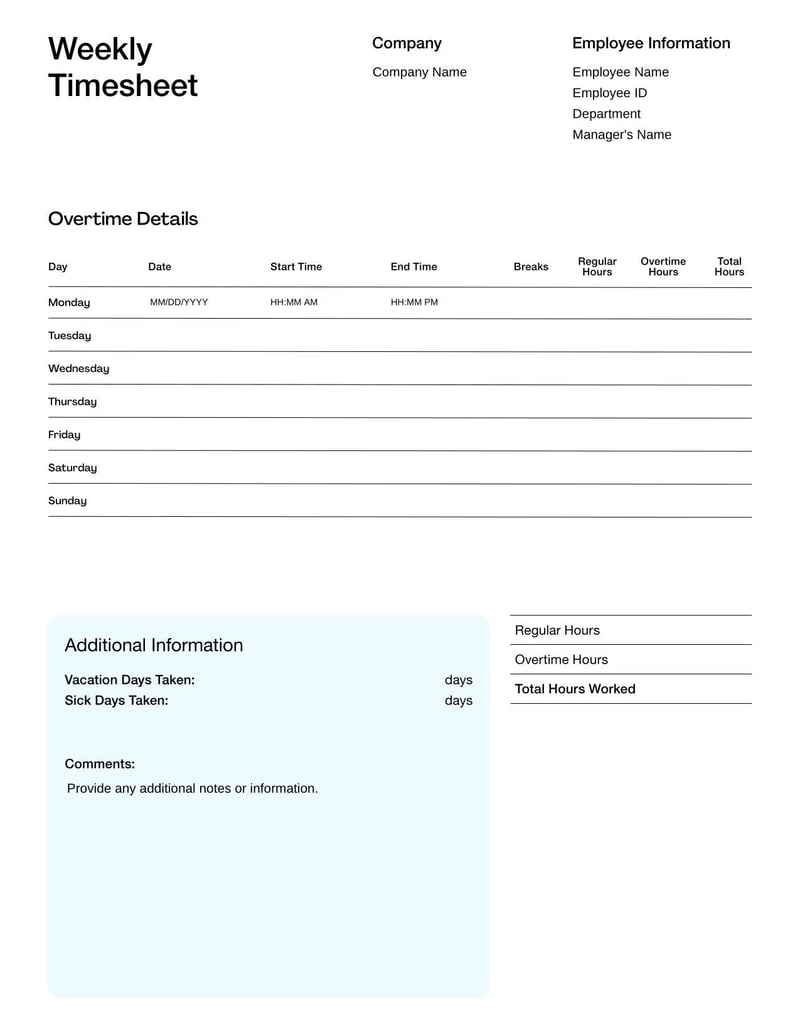 Weekly Timesheet for recording employee work hours, breaks, and total time worked over a week