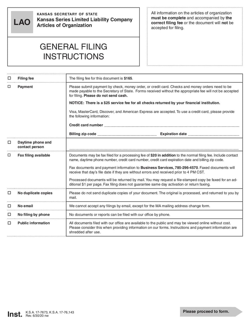 Large thumbnail of Kansas Limited Liability Company Articles of Organization Form and Instructions - Jun 2020