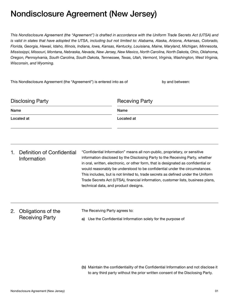 New Jersey Nondisclosure Agreement document with confidentiality and non-disclosure terms