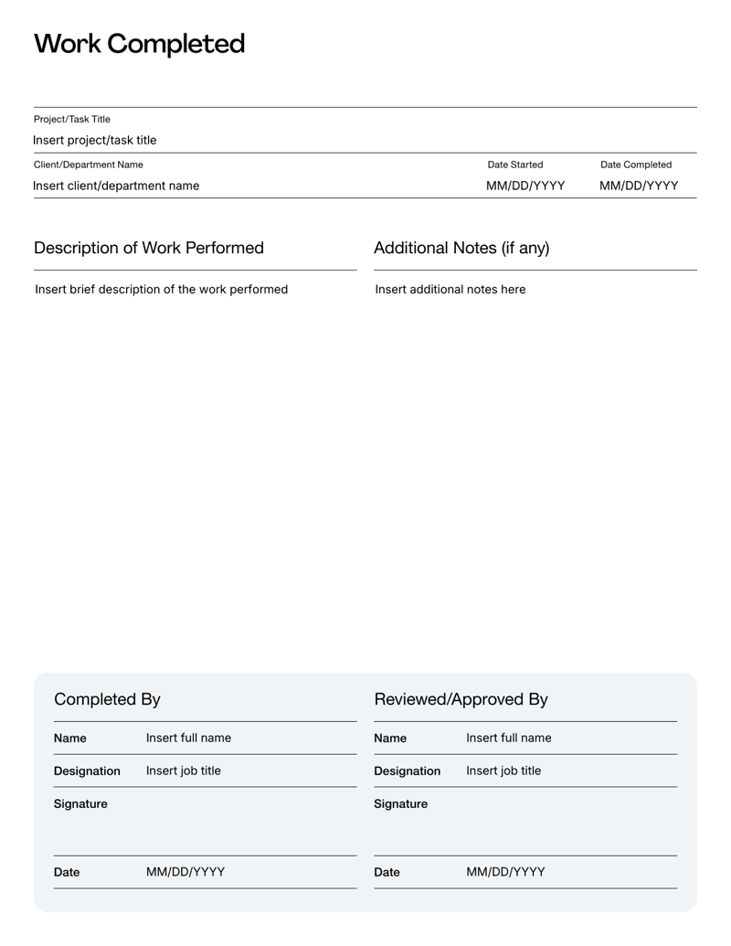 Work Completed Template with job description, dates, personnel details and approval signature lines