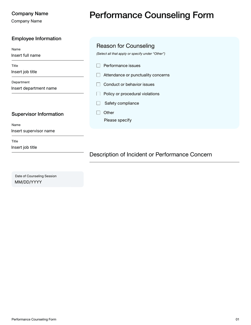 Performance Counseling Form showing fields for employee and supervisor info, issue description, action plan, follow-up timeline and signatures