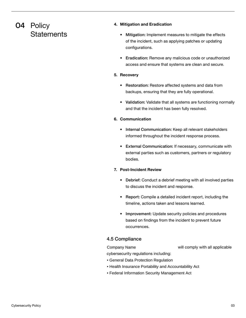 Cybersecurity Policy Document detailing data protection, password management, and IT security practices
