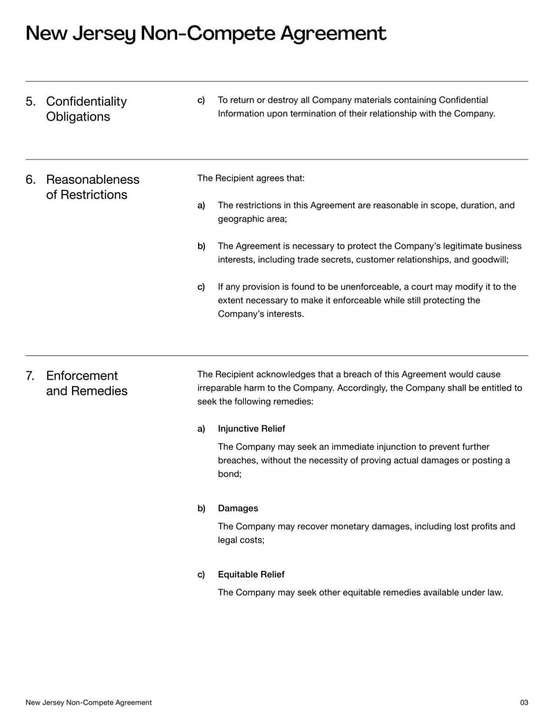 Non-Compete Agreement New Jersey for specifying employment restrictions on competitive work within the state’s legal limits
