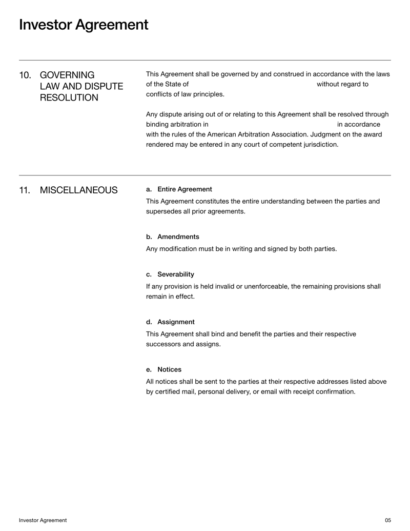 Investor Agreement template detailing investment terms, ownership rights and share transfer conditions