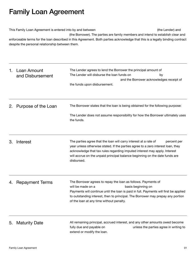 Family Loan Agreement defining loan terms, repayment schedule, interest, and obligations between family members under US law