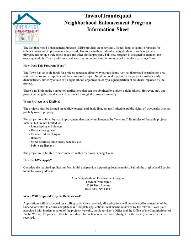 Large thumbnail of Town of Irondequoit Neighborhood Enhancement Program Project Application Form - Sep 2018