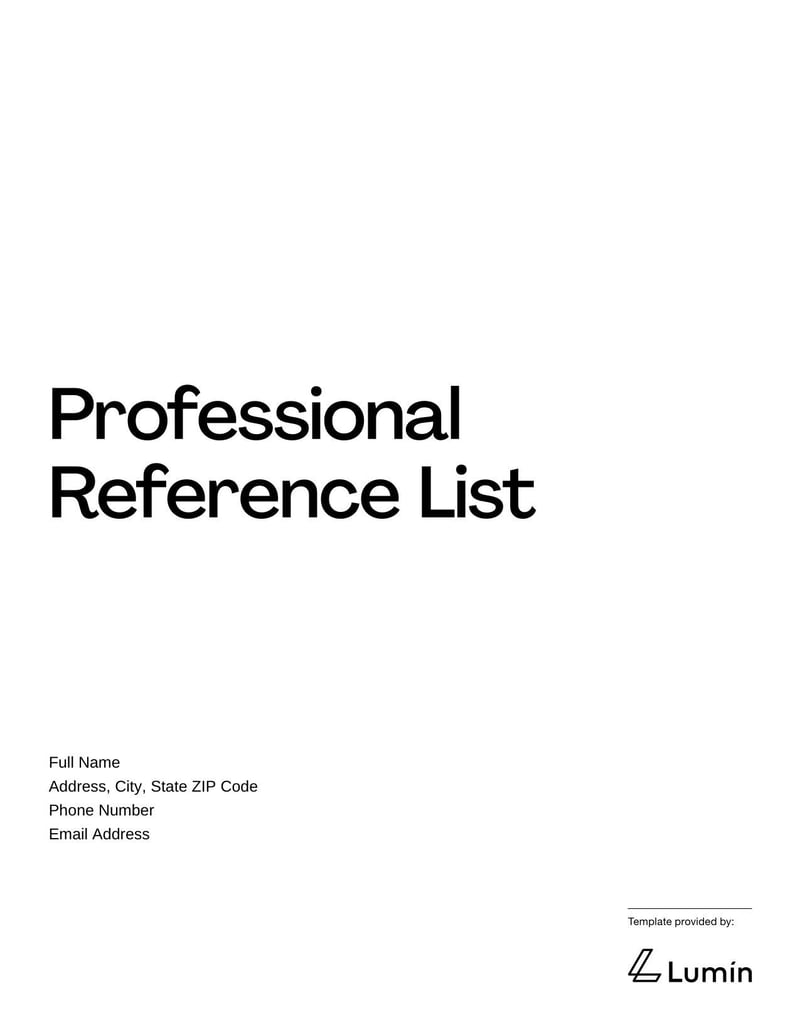 Professional Reference List Template for listing contacts who can verify your qualifications and experience