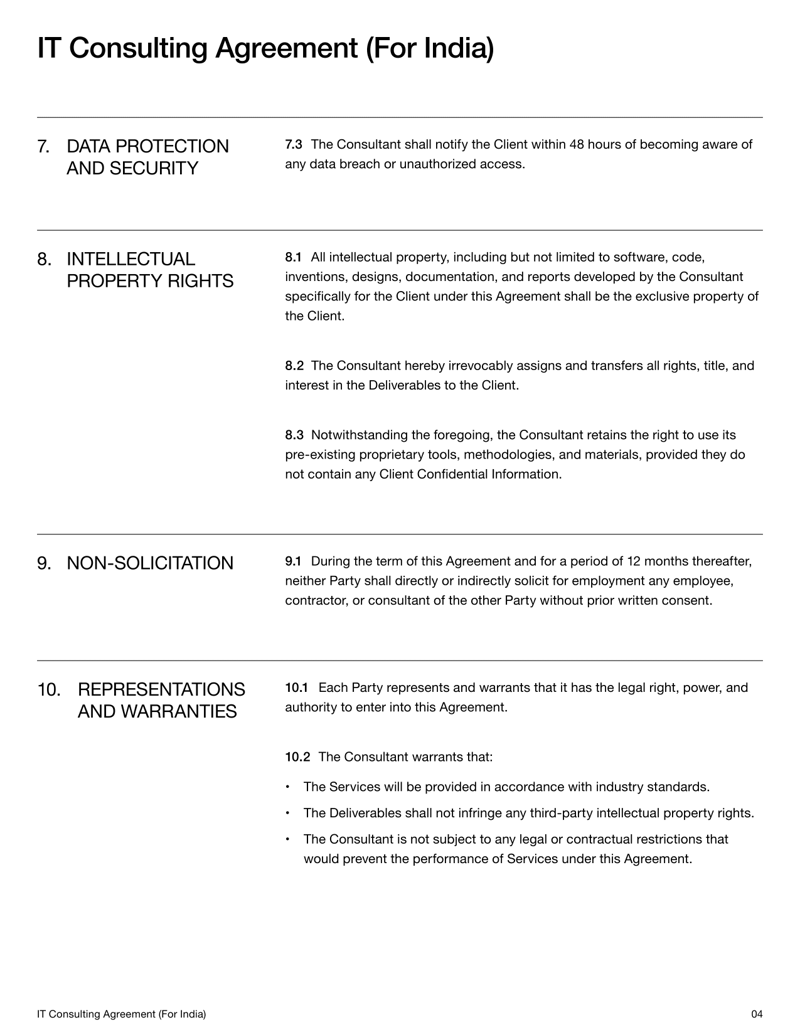 IT Consulting Services Agreement (India) outlining legal terms for IT services, data protection, and payment obligations.