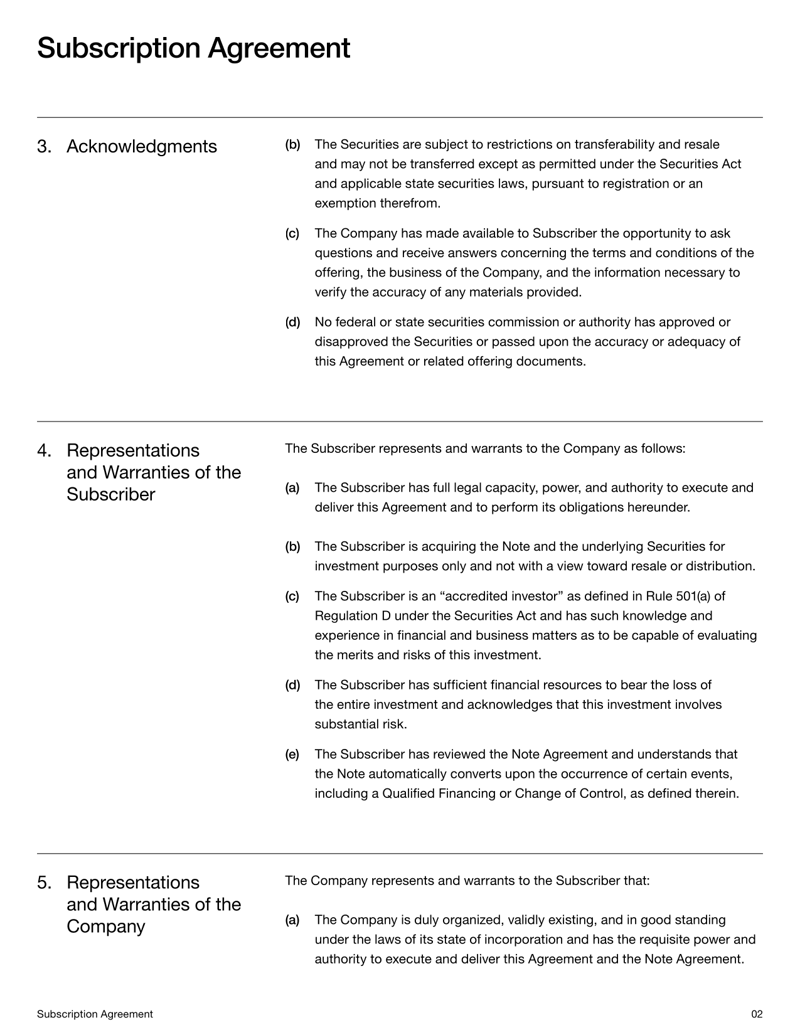 Subscription Agreement describing investor purchase terms, eligibility requirements and its connection to the Convertible Note Agreement