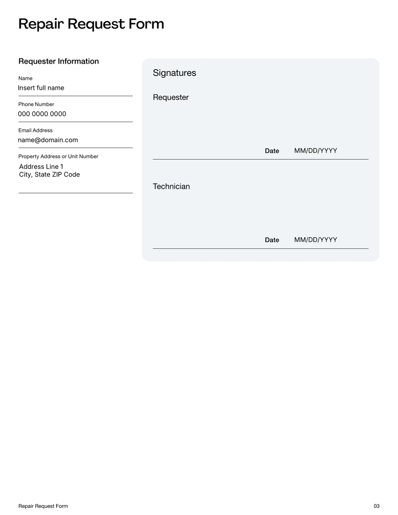 Repair Request Form for reporting property maintenance and repair issues