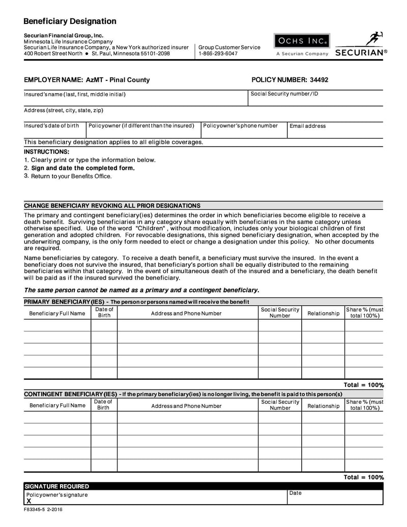 Large thumbnail of Beneficiary Designation (Form 83345-5) - Apr 2016