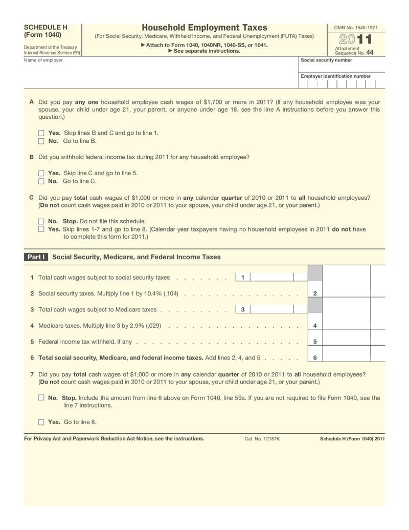 Large thumbnail of Form 1040 (Schedule H) - Jan 2011