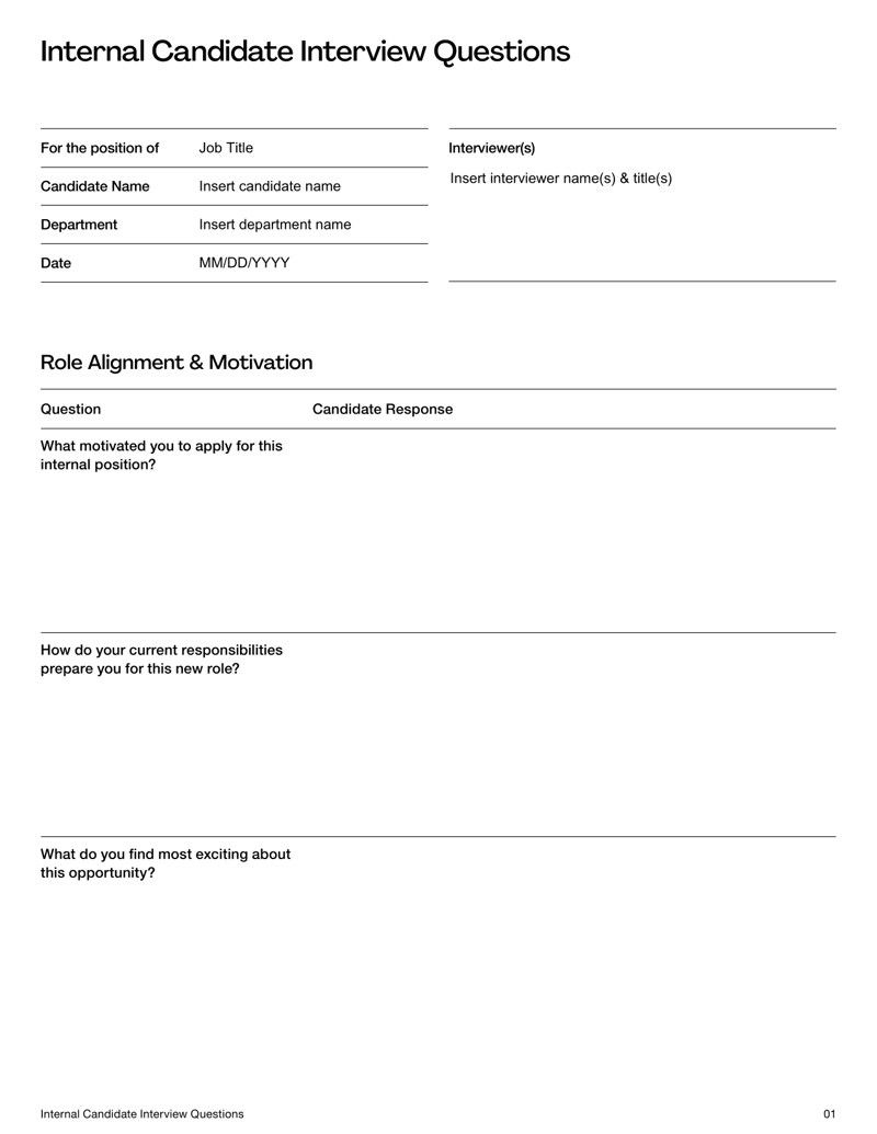 Internal Candidate Interview Questions form with interview sections, candidate and job details and structured evaluation fields
