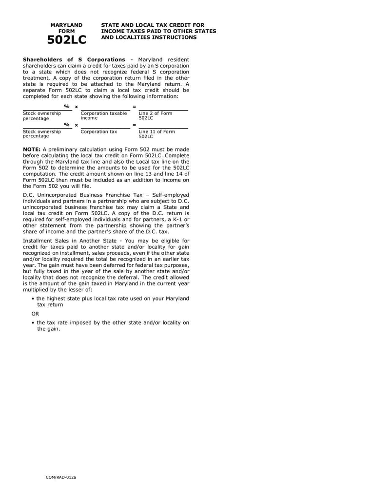 Large thumbnail of Maryland Form 502LC - Jul 2015