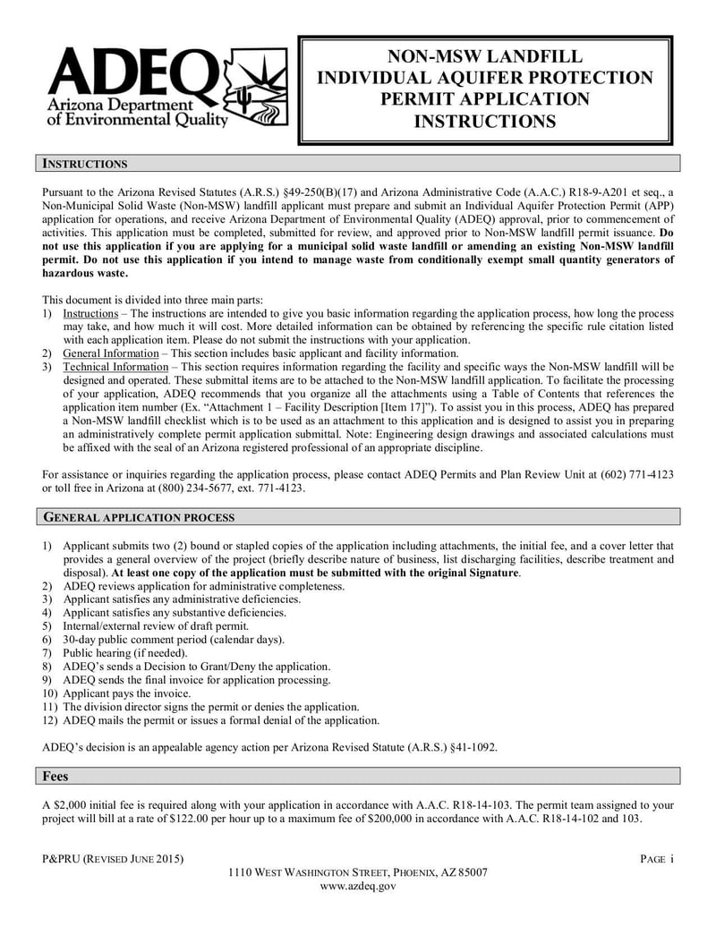 Thumbnail of Non-MSW Landfill Individual Aquifer Protection Permit Application - Jun 2015 - page 0