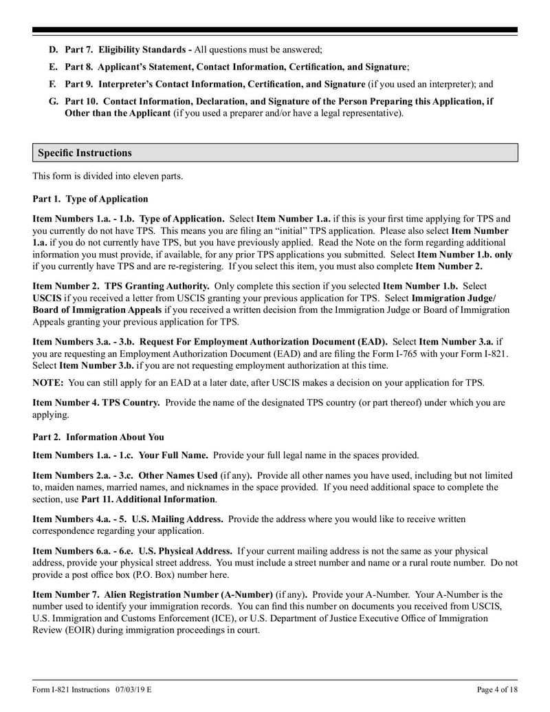Large thumbnail of Instructions for Form I-821 - Jul 2019