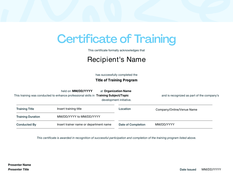 Certificate of Training with participant name, training title, duration, completion date and authorized signature