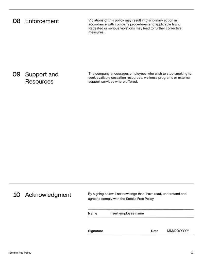 Smoke-free Policy document defining smoking restrictions, prohibited areas and employee acknowledgment