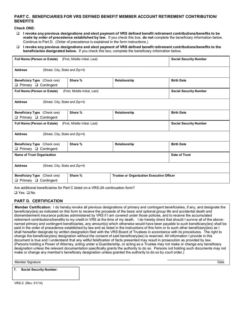 Large thumbnail of Designation of Beneficiary (VRS-2) - Jan 2014