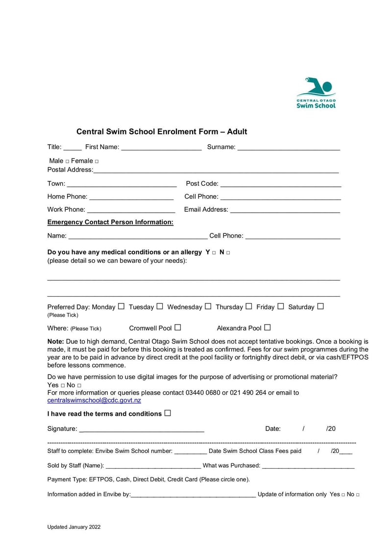 Large thumbnail of Central Swim School Adult Enrolment Form - Jan 2022