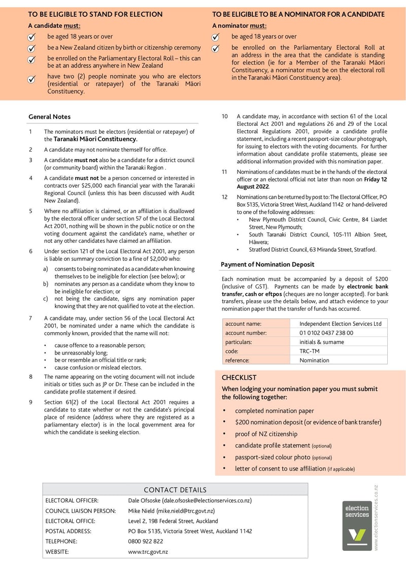 Large thumbnail of Taranaki Regional Council Taranaki Maori Constituency Nomination Paper - Dec 2022