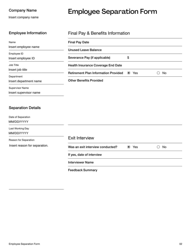 Employee Separation Form for documenting the details and reasons for an employee’s departure from a company