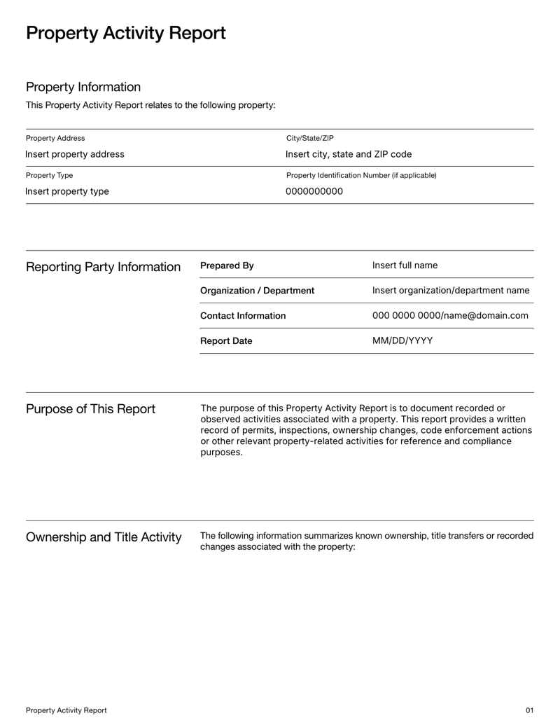 Property Activity Report document with sections for ownership, permits, inspections, zoning and regulatory activity