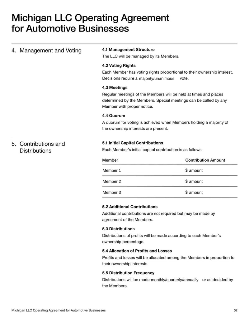Michigan LLC Operating Agreement for Automotive Businesses outlining operations for a Michigan LLC in the automotive industry