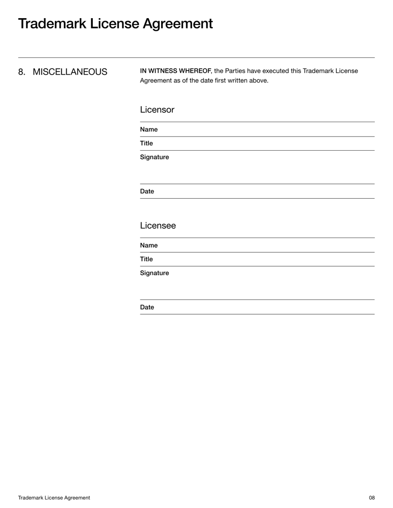 Trademark License Agreement for granting rights to use a brand name or logo under defined terms