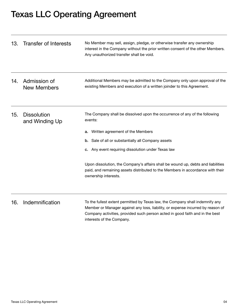 Texas LLC Operating Agreement outlining ownership, management structure, member responsibilities, profit distribution, and compliance requirements under Texas law