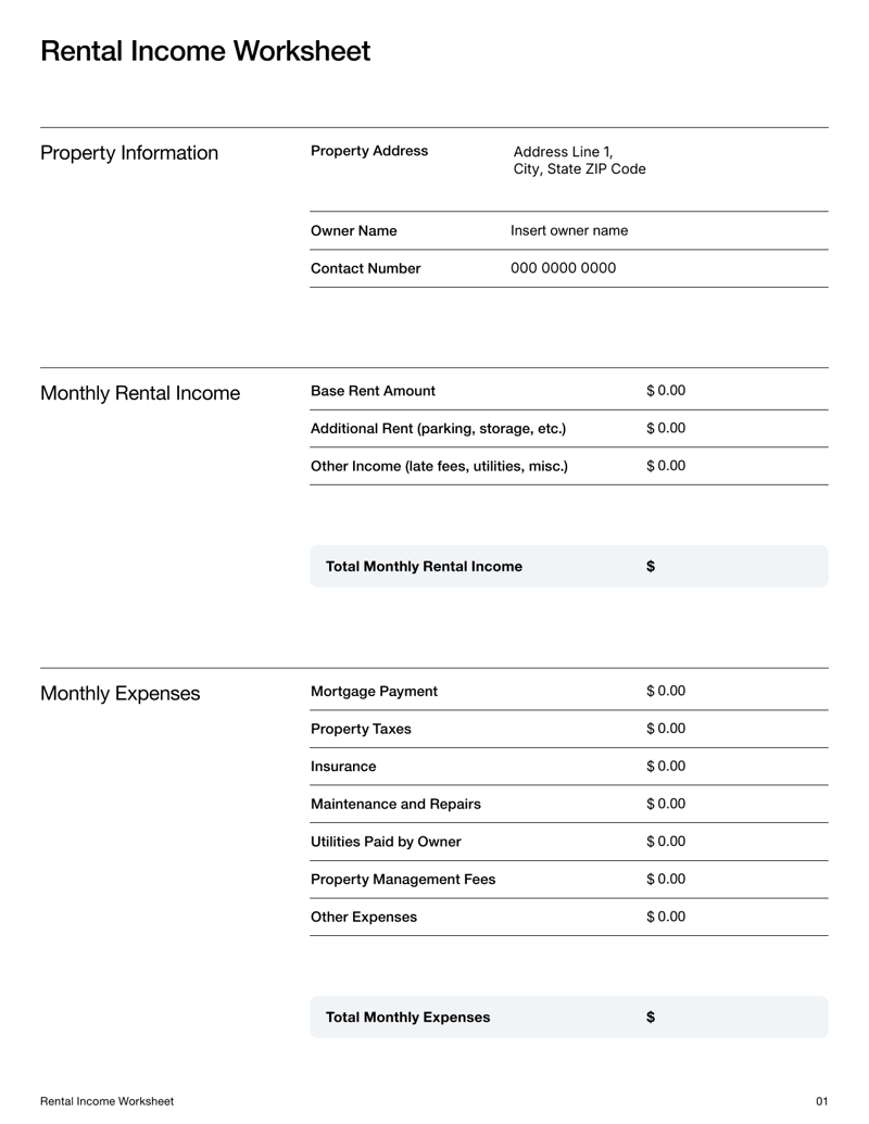 Rental Income Worksheet with sections for income, expenses and net rental calculations