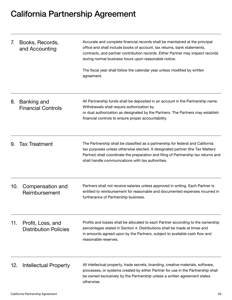 Partnership Agreement for California outlining formation, contributions, management rules and dissolution procedures