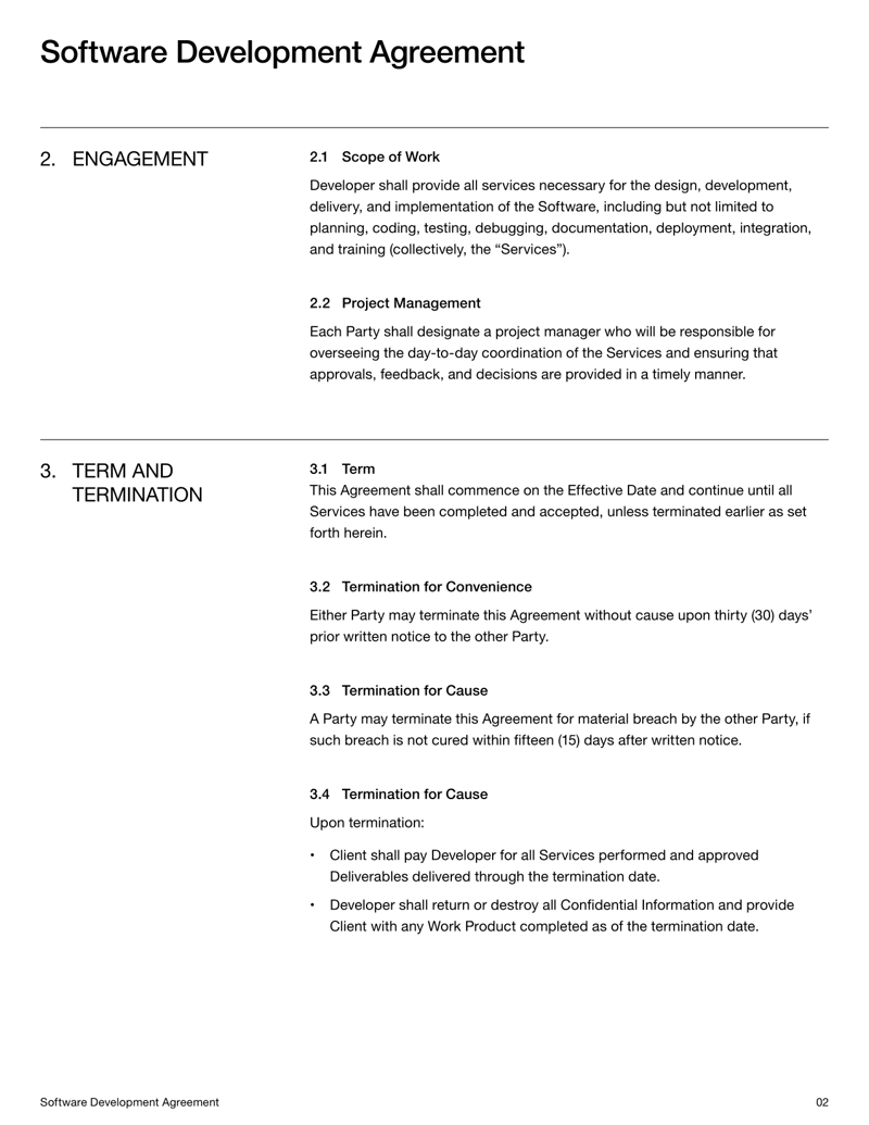 Software Development Agreement template for defining developer-client roles, deliverables and IP ownership