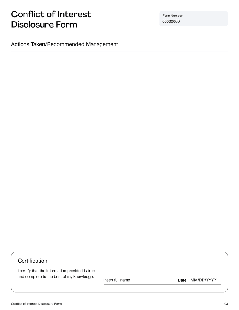Conflict of Interest Disclosure Form with sections for declaration, conflict details, mitigation steps and certification