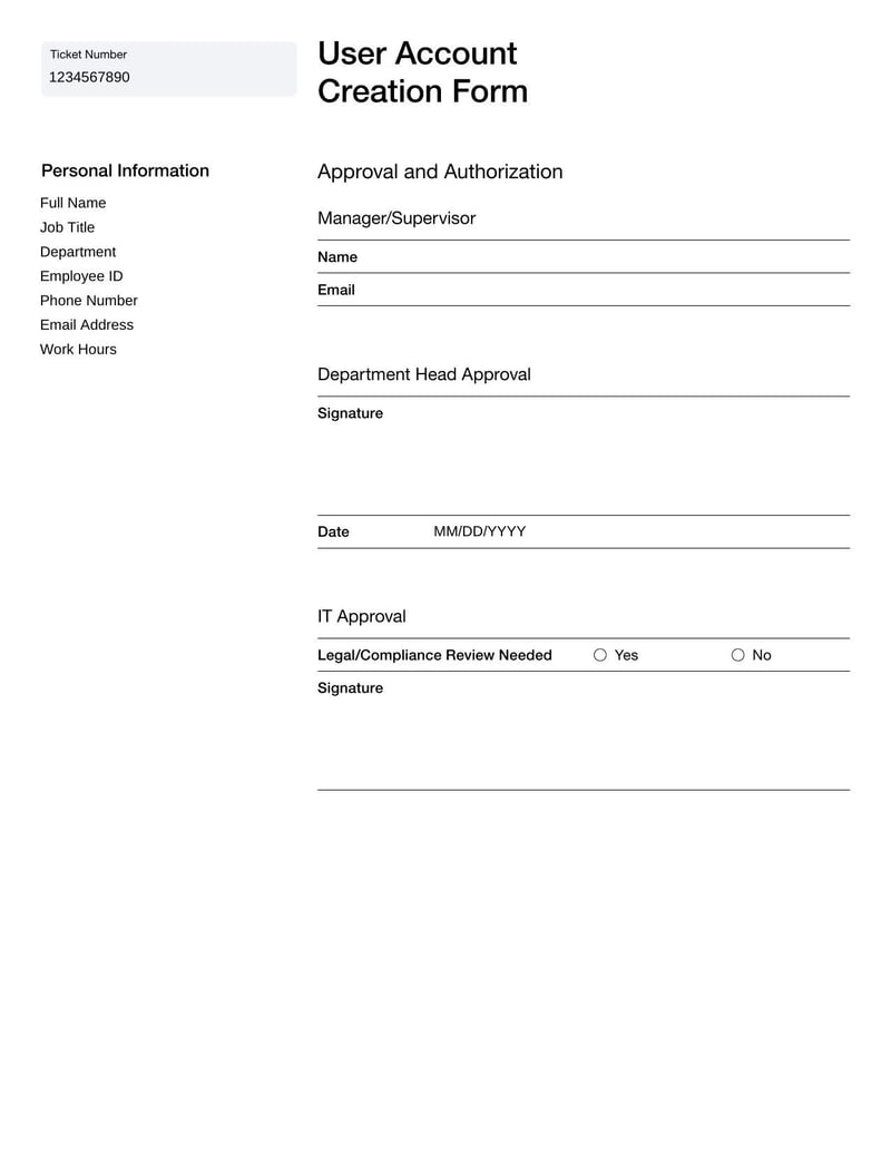 User Account Creation Form for requesting new account access