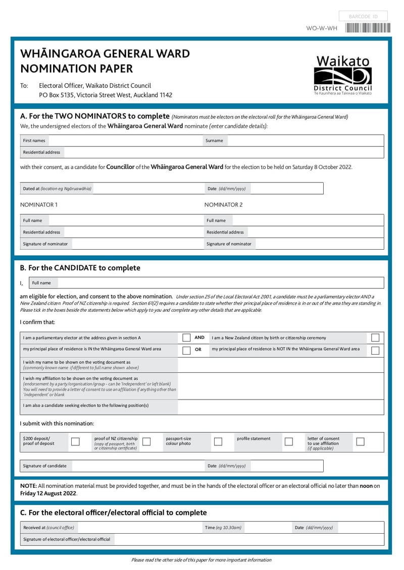 Large thumbnail of Whāingaroa General Ward Nomination Form - Jul 2022