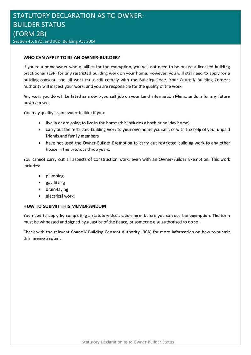 Large thumbnail of Form 2B Statutory Declaration of Owner Builder - Oct 2022