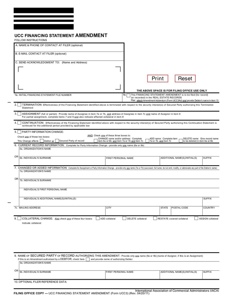 Large thumbnail of UCC Financing Statement Amendment (Form UCC3) - Apr 2011