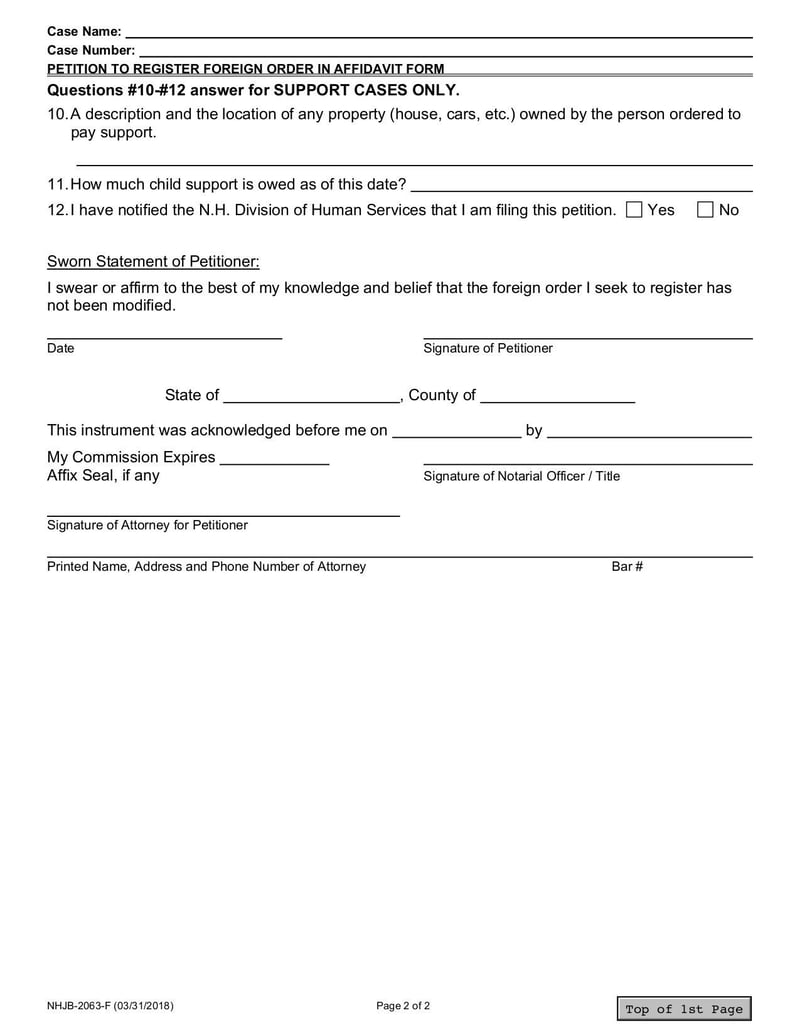Large thumbnail of Petition to Register Foreign Order in Affidavit Form (NHJB 2063 F) - Oct 2019