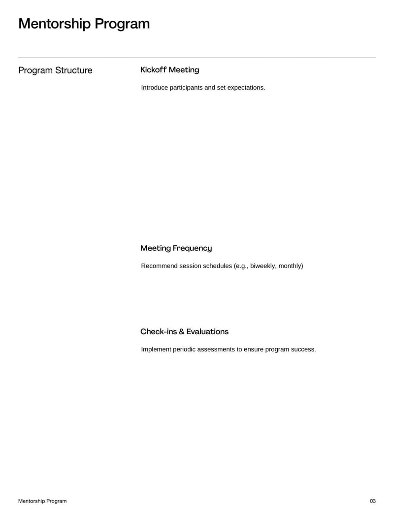 Mentorship Program Template for outlining mentor-mentee roles, objectives, and professional development plans