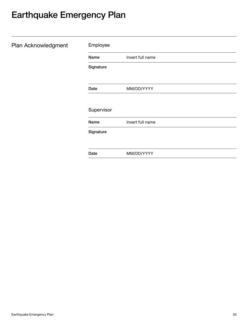 Earthquake Emergency Plan with emergency contacts, evacuation info, response protocol and acknowledgment section